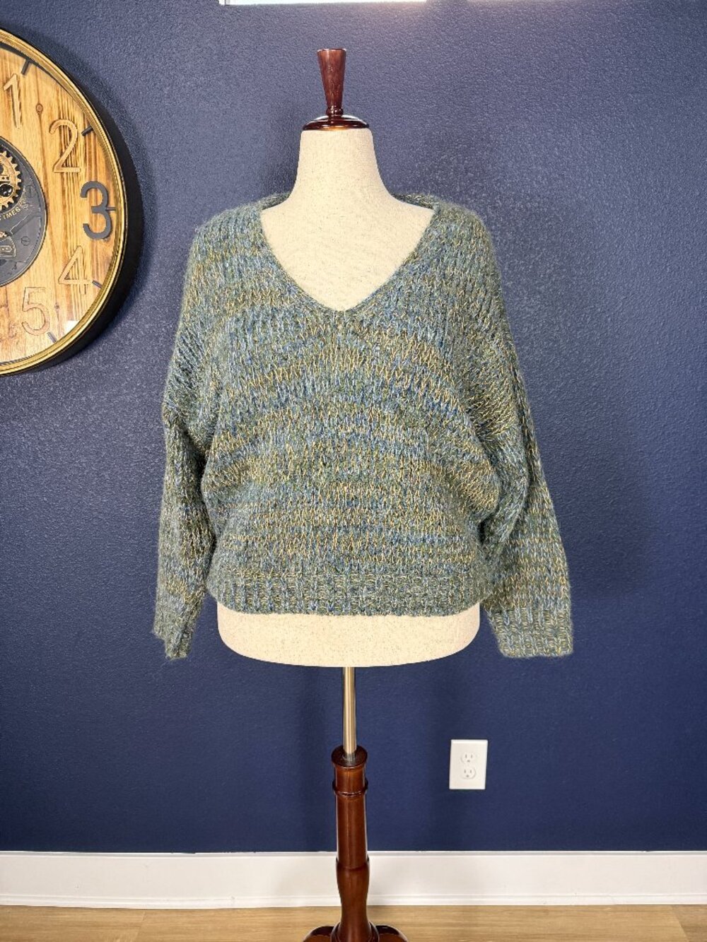 Madewell Blue Green Marled V-Neck Alpaca Wool Sweater | L
